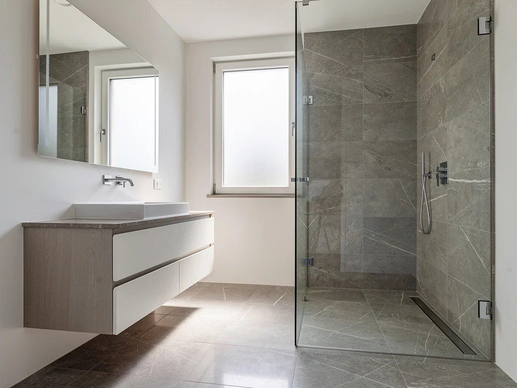 Salle de bain refaite avec douche à l'italienne et carrelage effet pierre