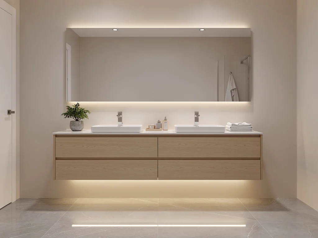 Meuble double vasque suspendu et grand miroir dans une salle de bain rénovée