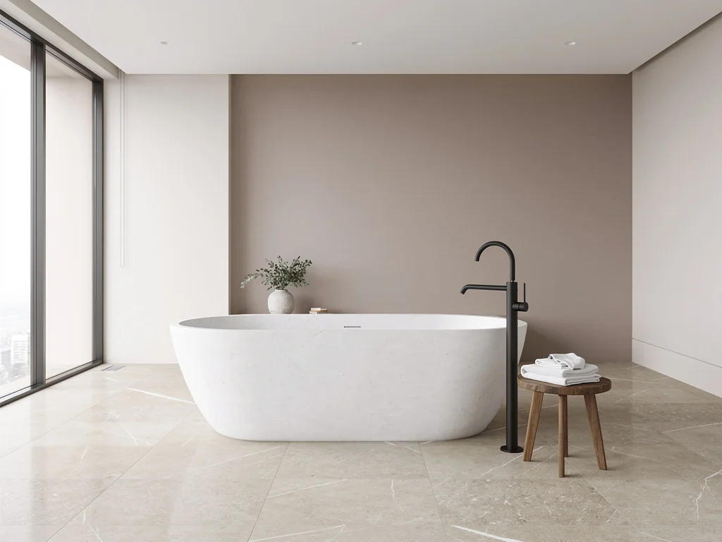 Baignoire îlot et mitigeur noir mat dans une salle de bain moderne