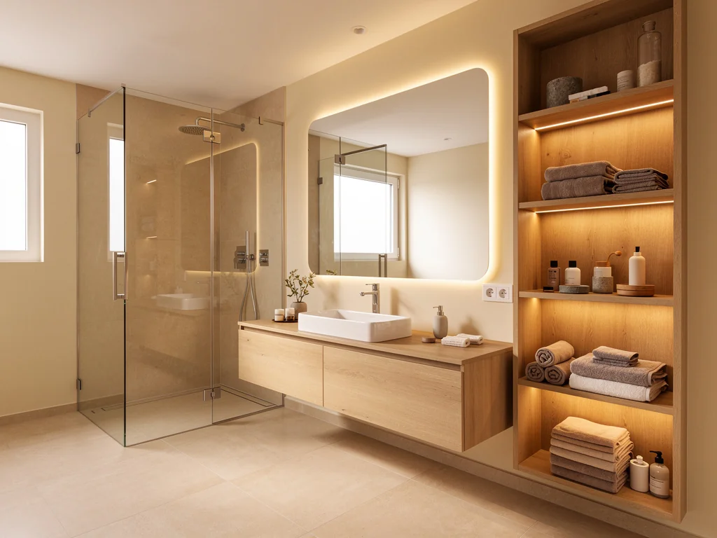 Salle de bain aux tons chauds avec rangements sur mesure et éclairage LED